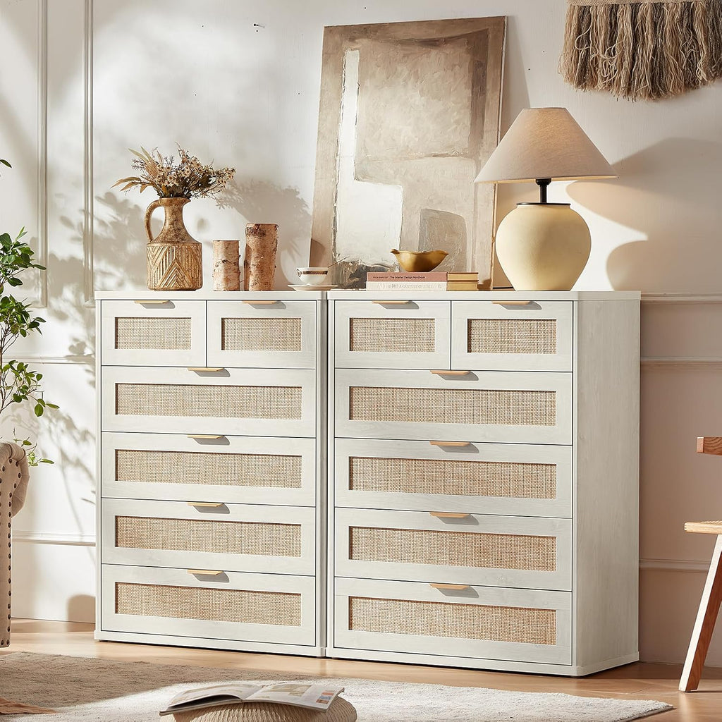 LEYAOYAO White Dresser for Bedroom, 42" Tall Chest of Drawers, Modern 6 Drawers Boho Rattan Dressers with Storage, Dresser Wooden Closet Organizer for Living Room, Hallway