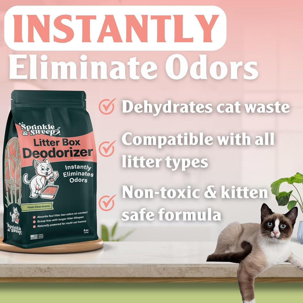 Litter Box Deodorizer | Cat Litter Deodorizer | Smell Control for Cats | Non-Toxic & Safe for Kittens | Home Odor Neutralizer | Kitty Litter Freshener | Sprinkle & Sweep | Made in USA