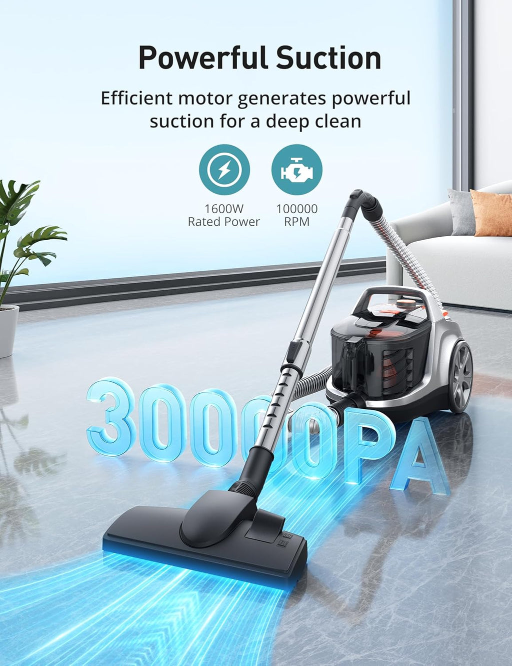 Aspiron Canister Vacuum, Upgraded 1600W Bagless Canister Vacuum Cleaner, Auto Cord Rewind, H13 HEPA Filter, 3.7Qt Large Capacity, 5 Tools for Hard Floors, Carpet, Pet, Upholstery, Tiles, Persimmon