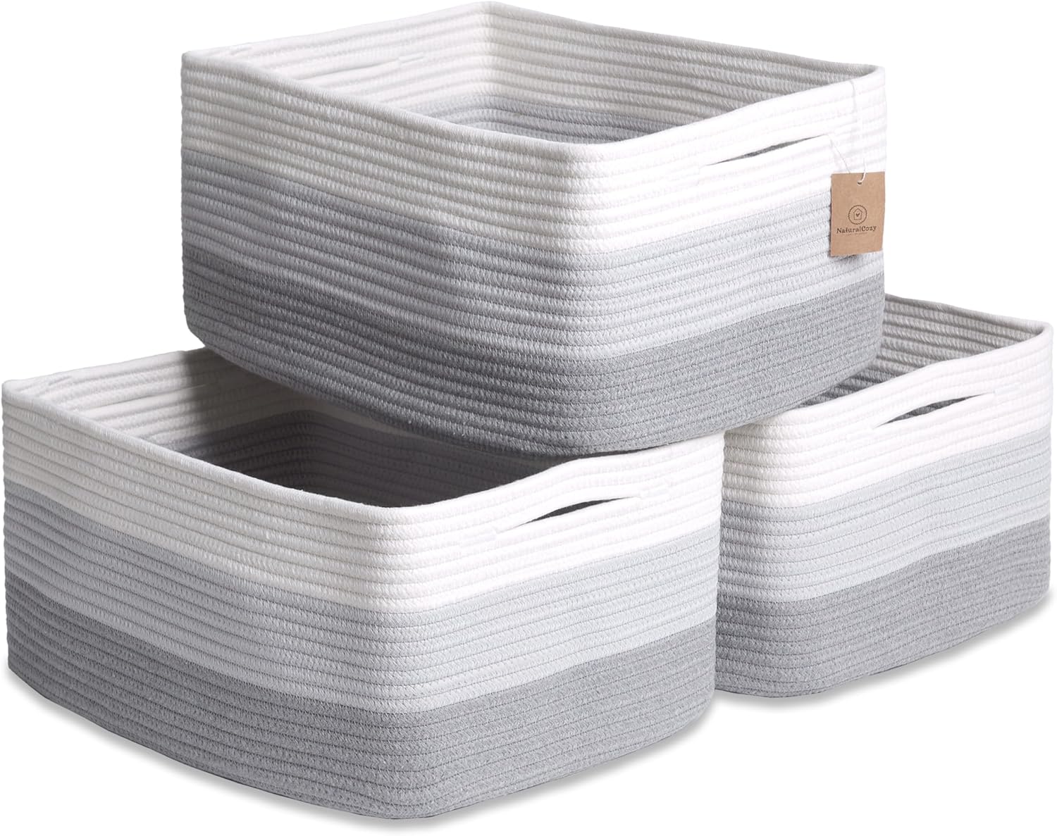 NaturalCozy Storage Baskets 16.8”x13”x7.6” Cotton Rope Woven Baskets for Organizing 3-Pack | Toy Storage Bins | Basket for Shelves, Laundry, Blanket, Clothes, Closet, Kitchen, Bathroom, Gifts