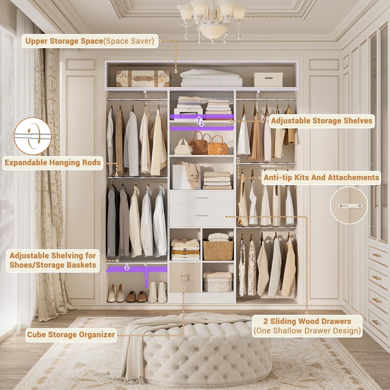 5FT Small Closet System, Baby Closet Organizer System with Wooden Drawers, 60 Inches Walk In Closet System With 5 Hanging Rods and 3 Reversible Hanging Shelving, White