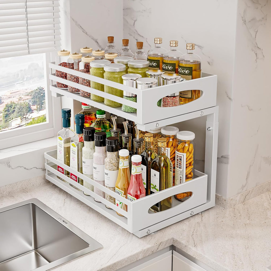 Under Sink Organizer, 2 Tier Under Sink Organizers and Storage, Adjustable Height, Slide Out Metal Cabinet Organizers, Pull Out Cabinet Storage Drawer Shelf for Kitchen Bathroom White, 1 Pack