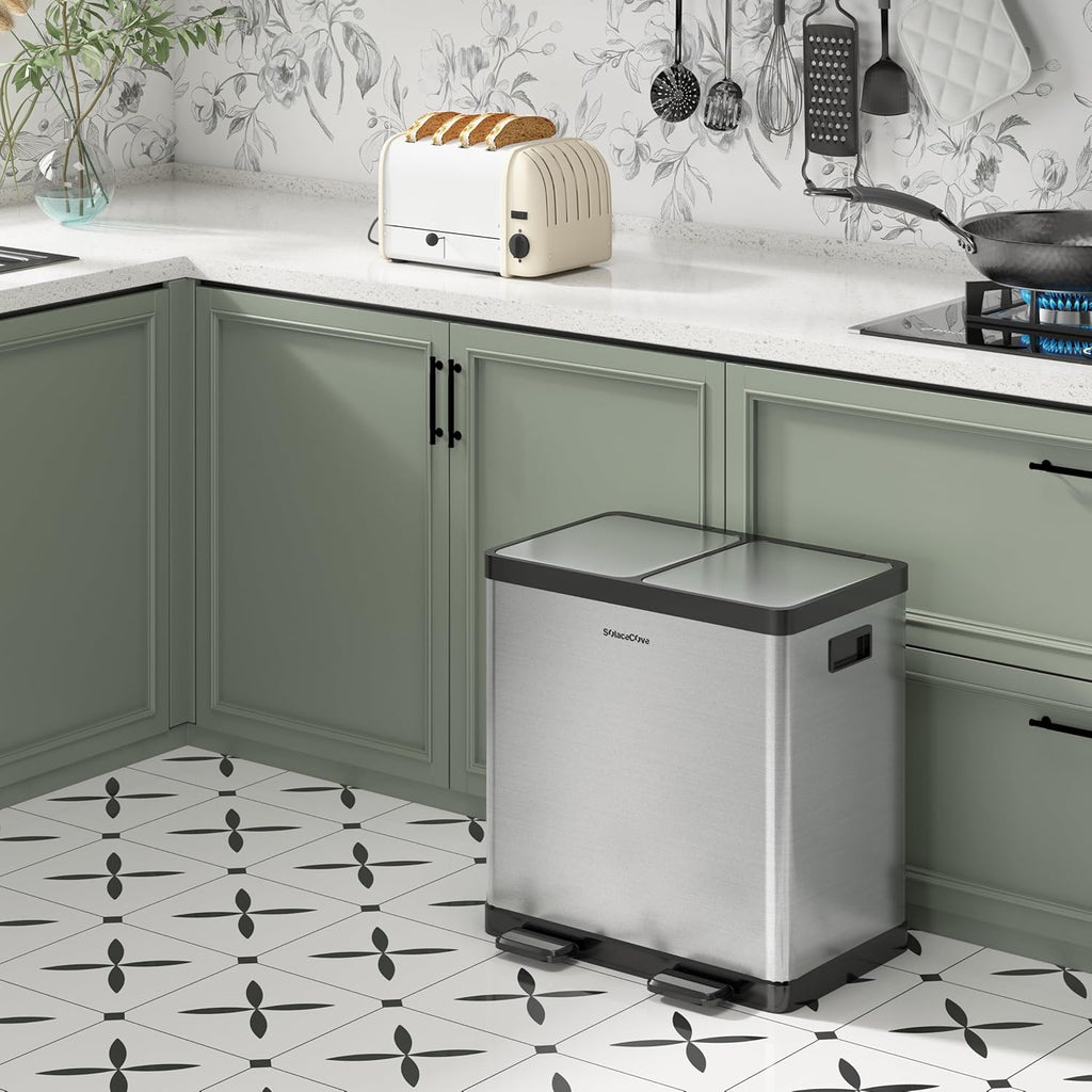 Kitchen Trash Can, 2 x 5.3 Gallon Garbage Can for Kitchen, Dual Compartment Recycling Trash Can, Trash and Recycle Bin Combo, Stainless Steel, Soft-Close Lid, Fingerprint Proof