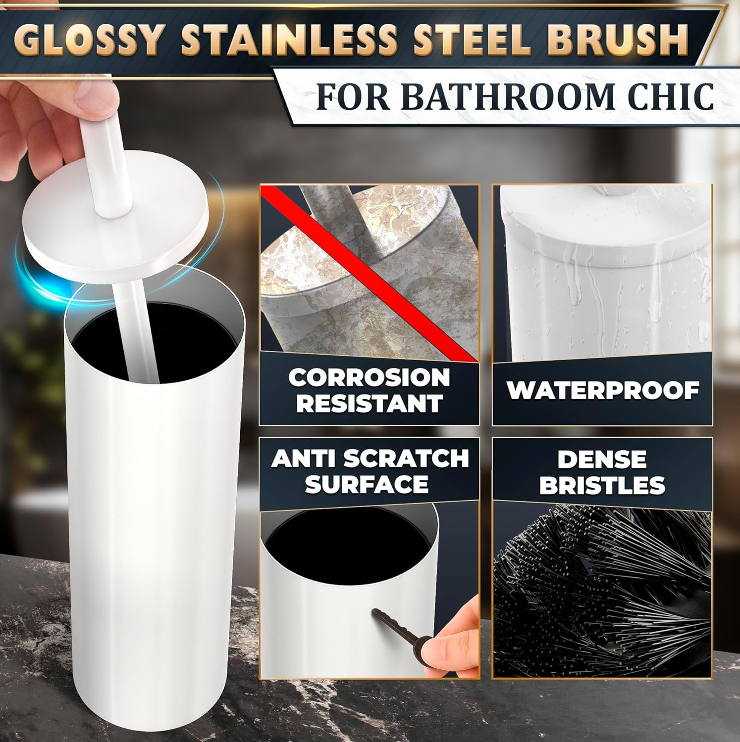 Stainless Steel Toilet Brush and Holder Set White - Long Handle Toilet Bowl Cleaner Brush and Holder - Removable Inner Liner, Shiny Design, Splash Protection & Dense Bristles for Bathroom Cleaning