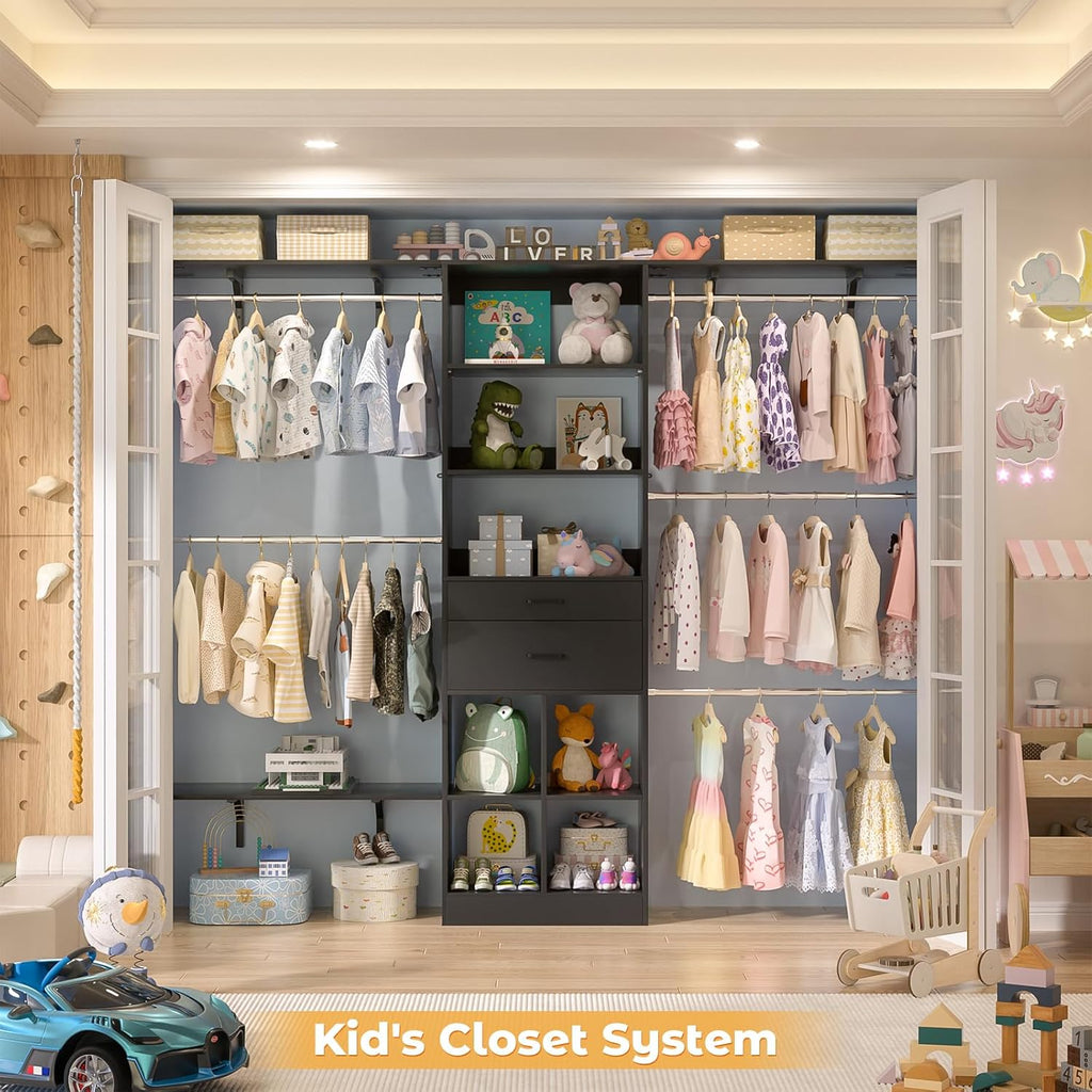 Closet System - 4.75-8FT Closet Organizer System with Wooden Drawers & Cube Storage Organizer, Up To 96" Closet Systems for Nursery & Walk-In Closets with Cuttable Hanging Shelving, Black