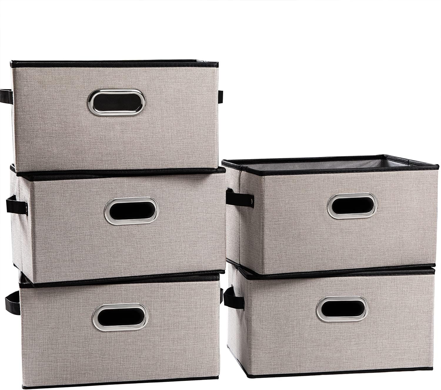 PRANDOM Large Fodable Storage Bins for Closet [5-pack] Decorative Linen Fabric Storage Bins Cubes with Leather/Metal Handles for Shelves Bedroom Living Room Light Grey (14.9x9.8x8.3 Inch)
