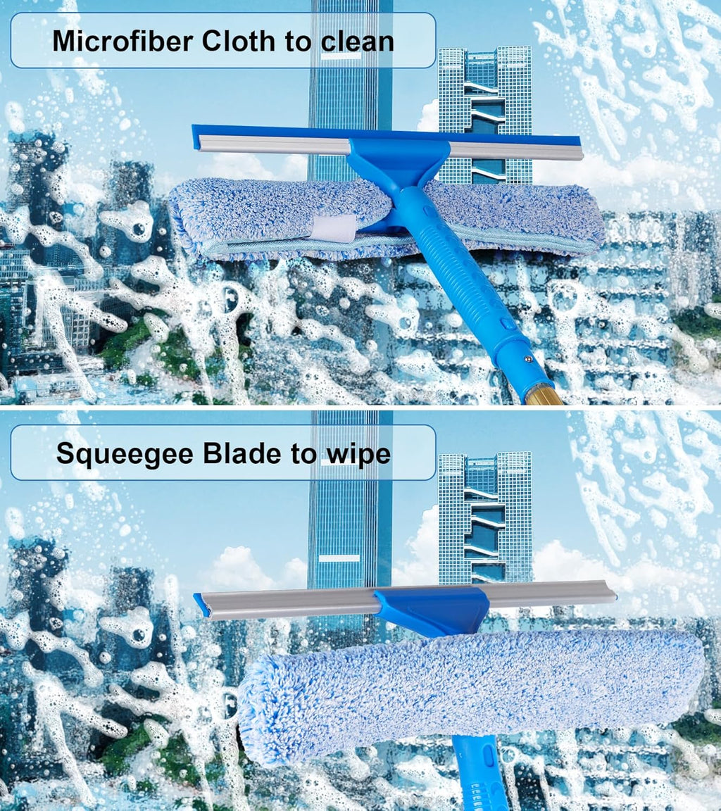 2 in 1 Window Squeegee Cleaning Kit with Aluminum Alloy Extension Poles, Scrubber, Glass Scrapper, Bendable Duster,2 Scrubber Cloth for Window, Car, Floor, Home, Garden