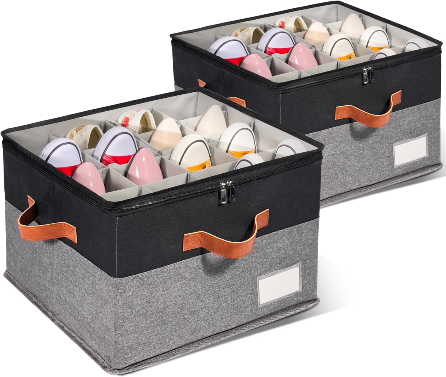2 Pack Shoe Organizer for Closet, Adjustable Shoe Box Storage Containers, Large Foldable Shoe Bins with Clear Cover, Space Saving Shoes Holder with 4 Handles, Fits 16-32 Pairs, Black