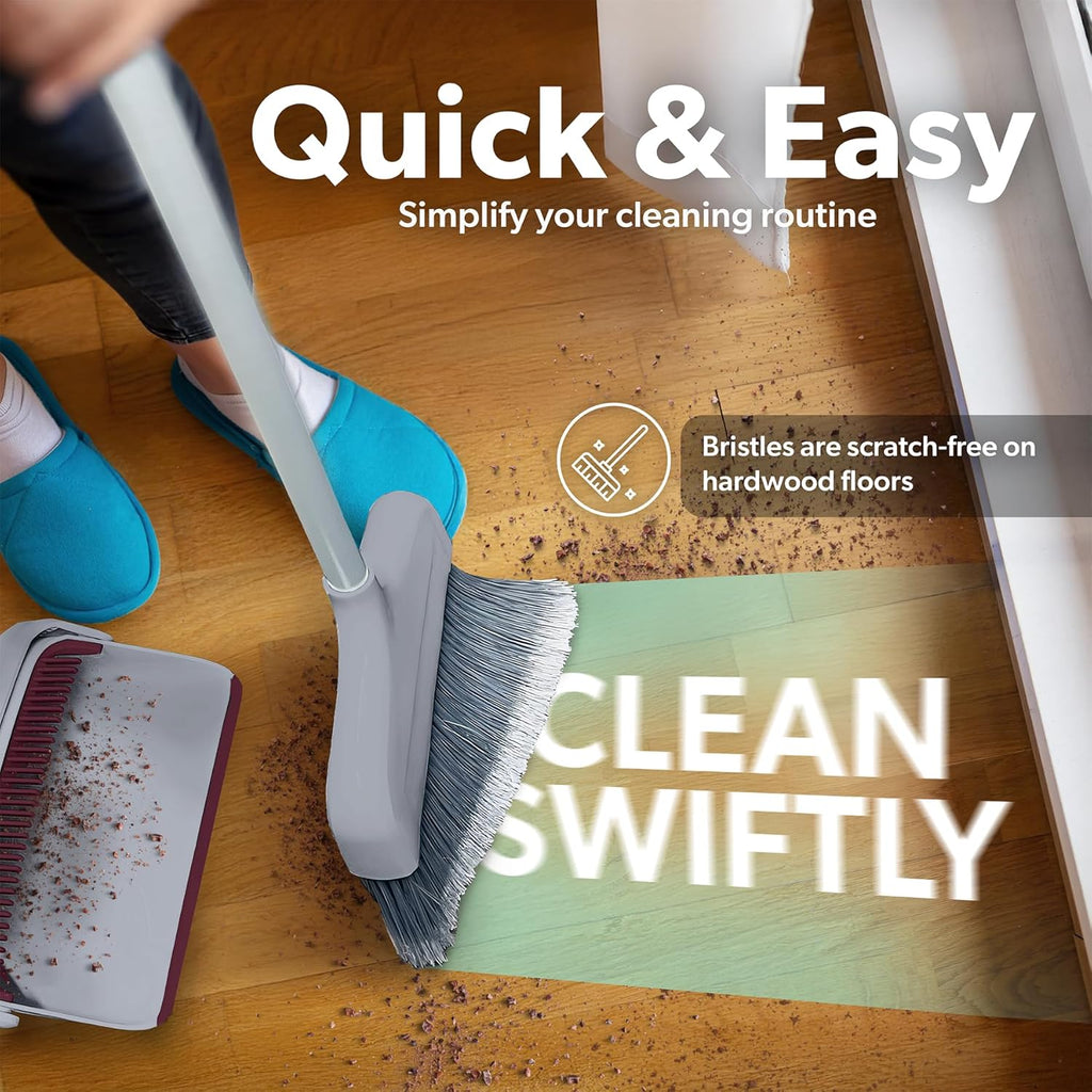 BLACK+DECKER Butler Broom & Dustpan Set - Stand-Up Design - Lightweight, Space-Saving Combo for Kitchen, Living Room, Bathroom, Lobby Floors - Home Cleaning Essential, Light Gray/Burgundy