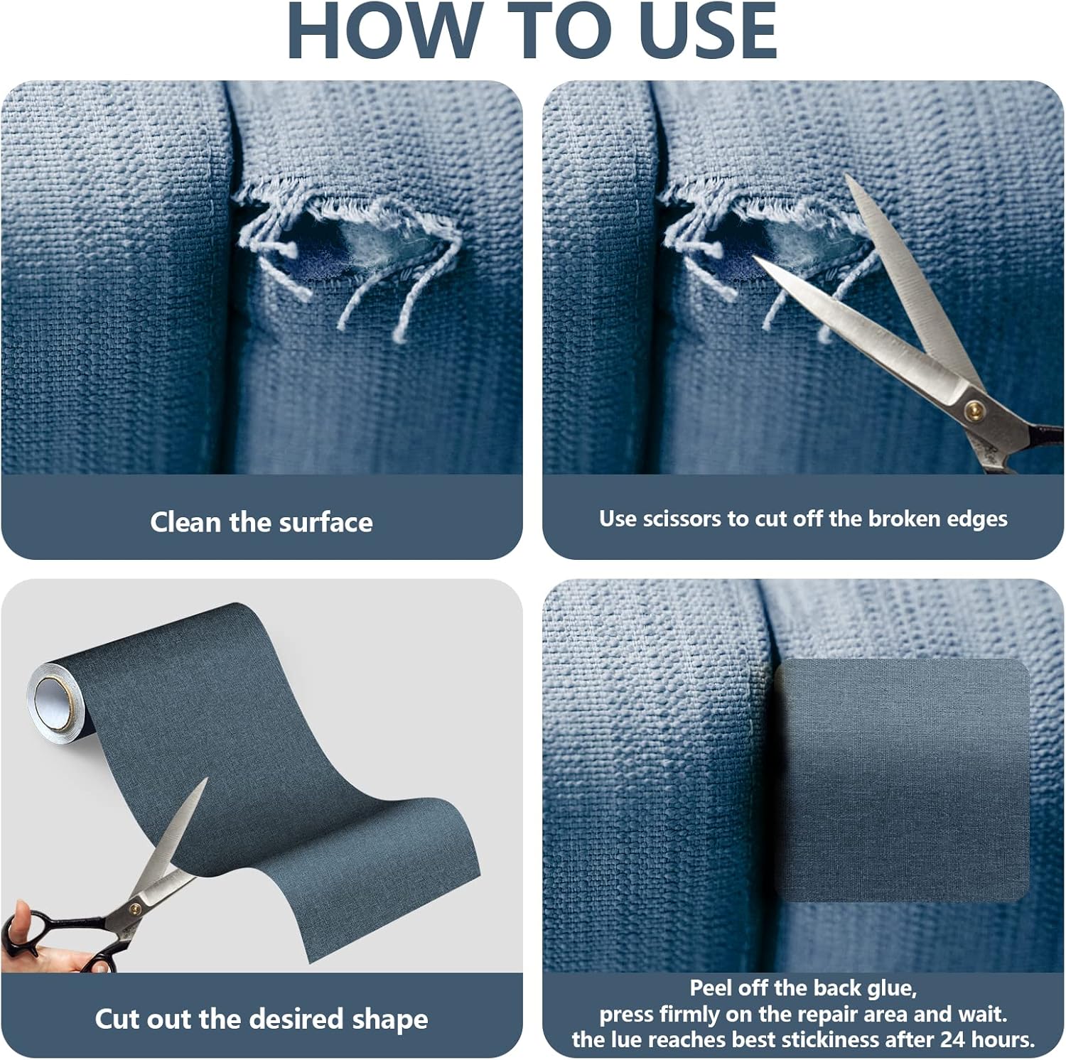 Fabric Repair Patches, Linen Repair Tape Self-Adhesive Fabric Patches Durable, DIY Large Linen Tape for Sofa, Couches, Furniture, Chair, Clothing （3.5X79 Inch, Blue Grey）