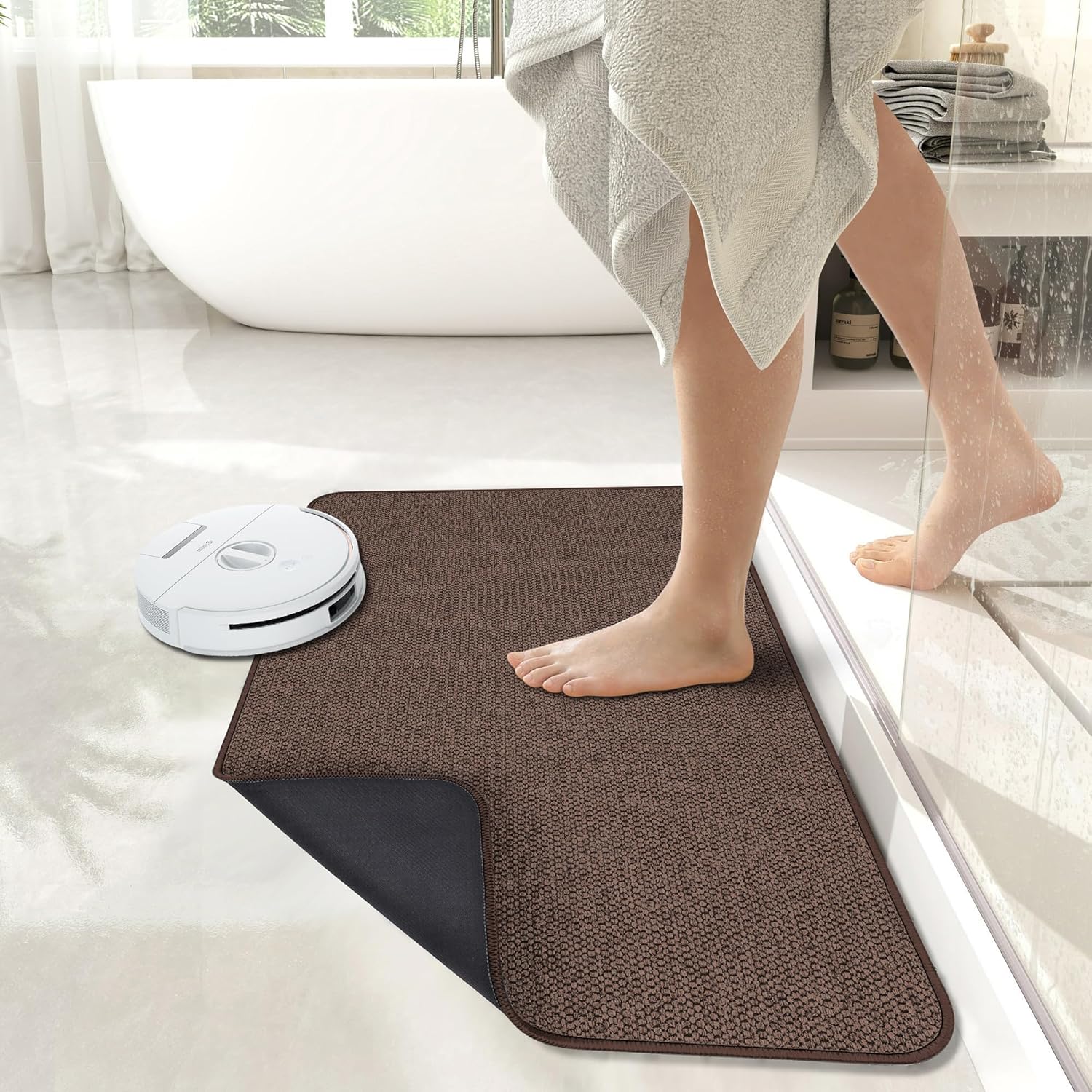 Bath Mat,Ultra Thin Bathroom Rugs,Rubber Bath Mats for Bathroom,No Slip Bath Rugs,Quick Dry,Machine Washable,Low Pile,Absorbent,Shower Outside,Sink,Home Decor Accessories.Brown,2'x3'(24x36inch)