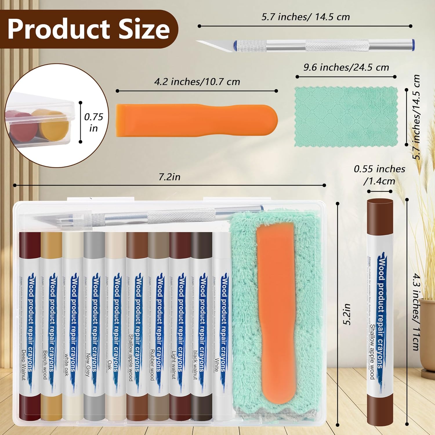 Wood Filler Sticks with 1P Box, 1P Knife, 1P Scraper and 1P Rag, Pletpet 10 Colors Furniture Crayon Touch Up Wood Filler Nail Hole Wax Sticks for Repairing Scratches and Nail Holes (10p)