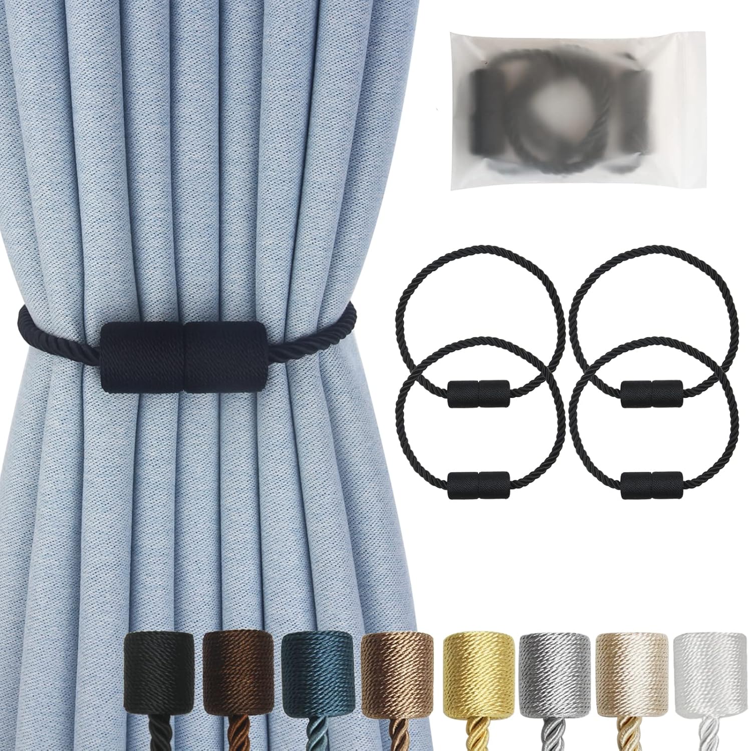 Magnetic Curtain Tiebacks 4 Pack Black Curtain Rope Tieback Curtain Holders for Drapes Modern Tie Backs Decorative Curtain Holdbacks
