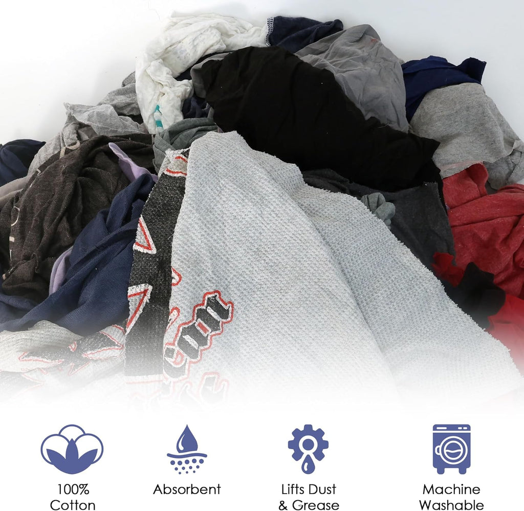 Huck & Terry Tshirt Bag of Rags Multicolored (50LB), Cotton Blend, Paint Cloth and Multipurpose, Kitchen, Auto, Staining Rags, Lint Free Absorbent Washable 18 x 18 in