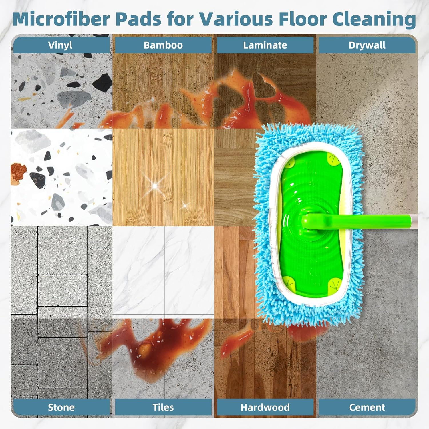 Reusable Mop Pads Compatible with Swiffer Sweeper Mop, Washable Wet Pads Refill & Chenille Dry Sweeping Cloths, Microfiber Mop Pads for Use on All Sealed Floors - Wood, Laminate, Stone & Tile (6 Blue)