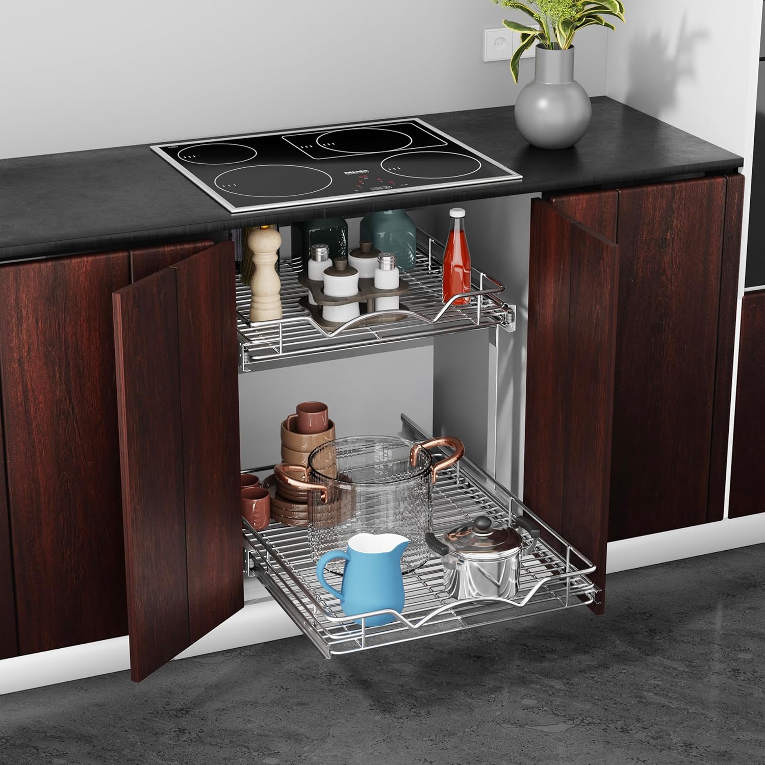 HOLDN’ STORAGE Two Tier Pull Out Cabinet Organizer, Individual Sliding Drawers - Heavy Duty Metal with Lifetime Limited Warranty - Anti Rust Chrome Finish - 22" W x 21”D x 16.5" H