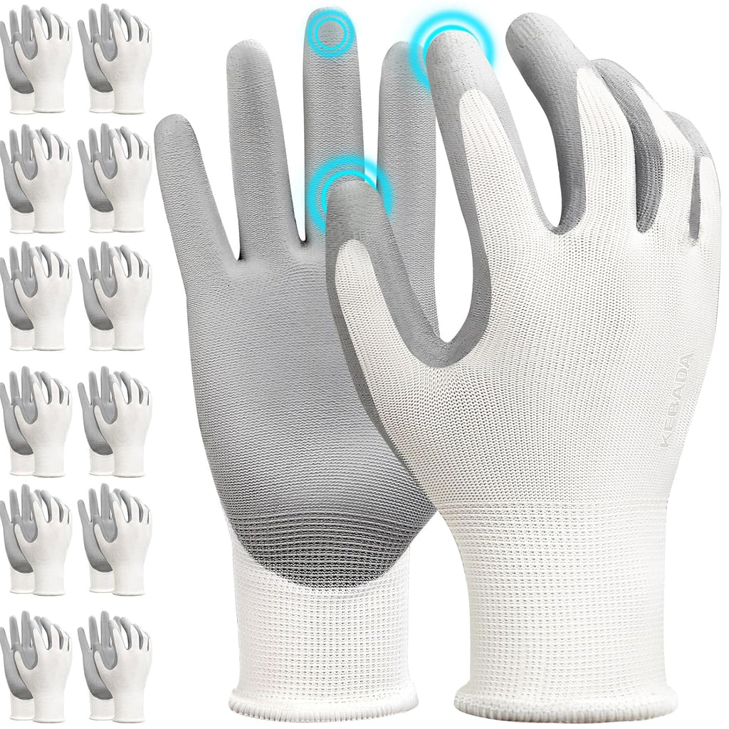 Kebada W1 Work Gloves for Men and Women, 12 Pairs Touchscreen Safety Gloves with Grip, PU-Coated, Ideal for Light & Medium Duty Tasks, White, Small