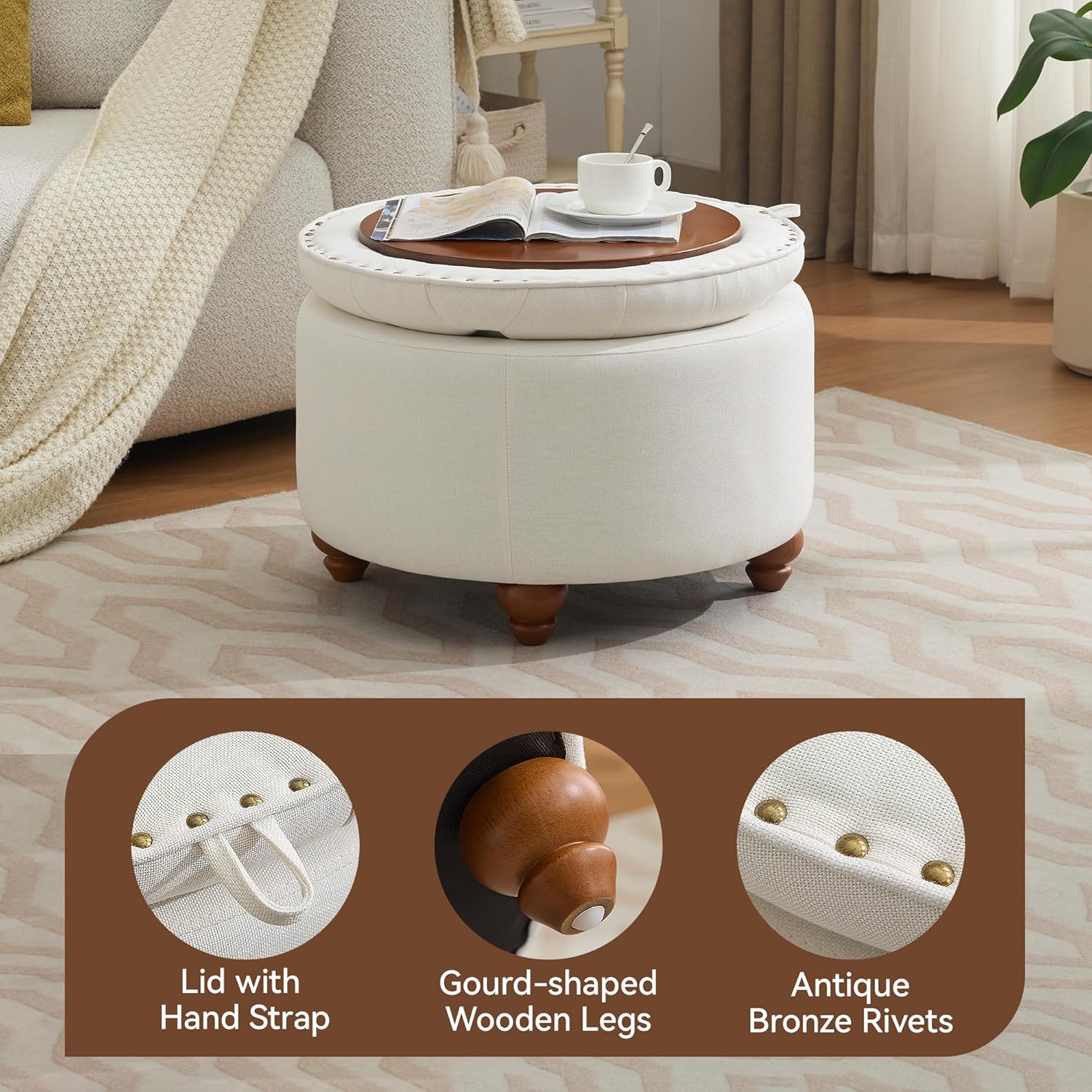 24Inch Round Storage Ottoman with Tray, Modern Tufted Fabric Circle Coffee Table with Storage, Upholstered Ottoman with Removable Top for Living Room, Bedroom, Beige