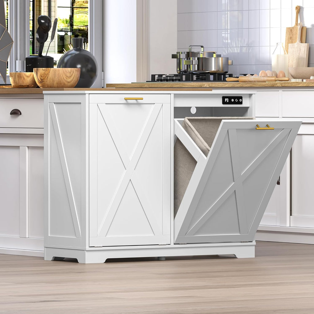 Tilt Out Trash Can Cabinet for 2 Bins, Hidden Recycle Garbage Bin Enclosure, Wooden Double Laundry Cabinet with Odor Control, Negative Ion & Ozone, for Kitchen, Bathroom, Laundry Room