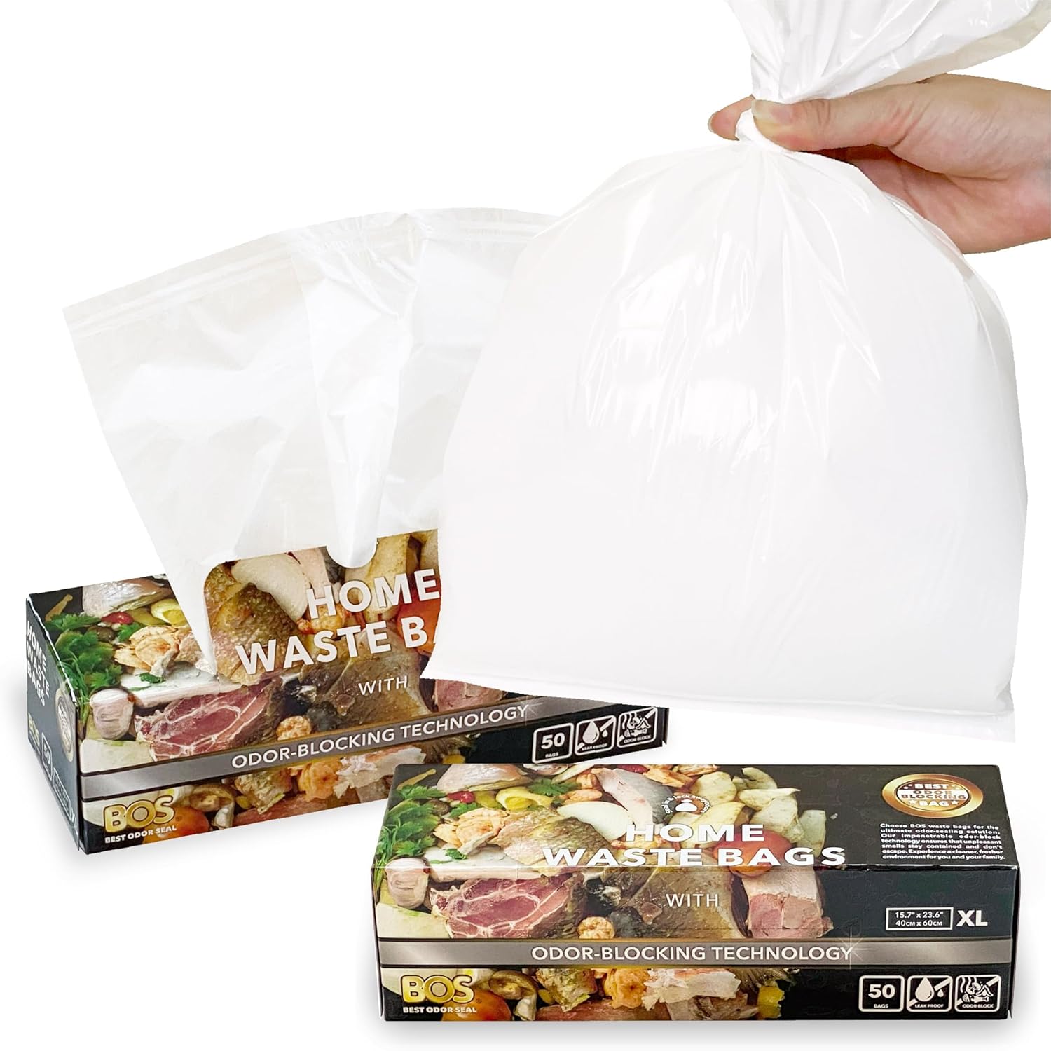 BOS Odor-Sealing Kitchen, Home & Food Small Trash Bags for Waste- Disposable Bags - Scent & Smell Free [Size XL, Color White] (90 count, Pack of 2) (100 Bags)