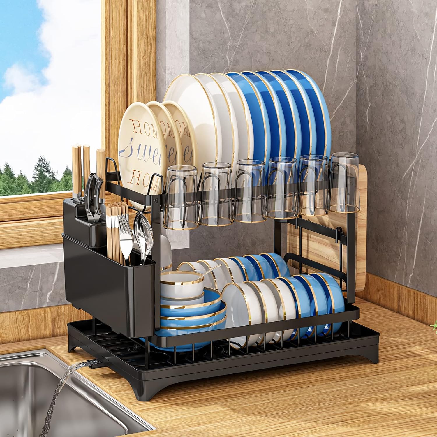 Dish Drying Rack for Kitchen Counter 2 Tier Iron Dish Drainer with Removable Cutlery Basket, Black