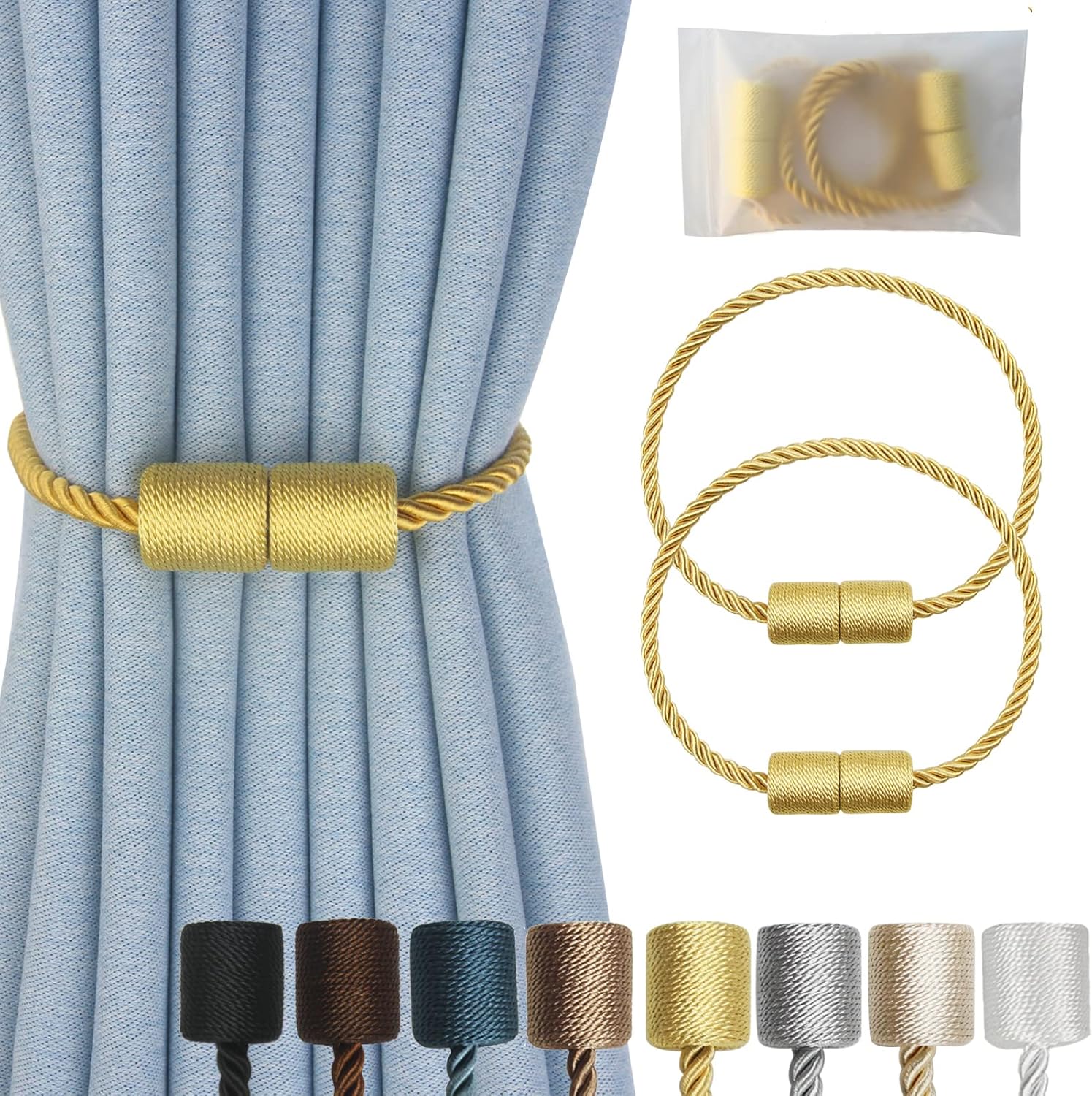 Magnetic Curtain Tiebacks 2 Pack Gold Curtain Rope Tieback Curtain Holders for Drapes Modern Tie Backs Decorative Curtain Holdbacks