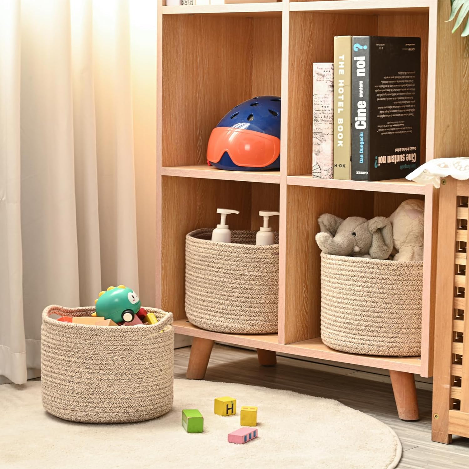 Small Storage Baskets for Organizing, Organizer Baskets for Shelves, Small Woven Basket for Storage, Cute Cotton Rope Basket for Gifts Empty, 9.7"×9.7"×7" (3 Packs) Brown