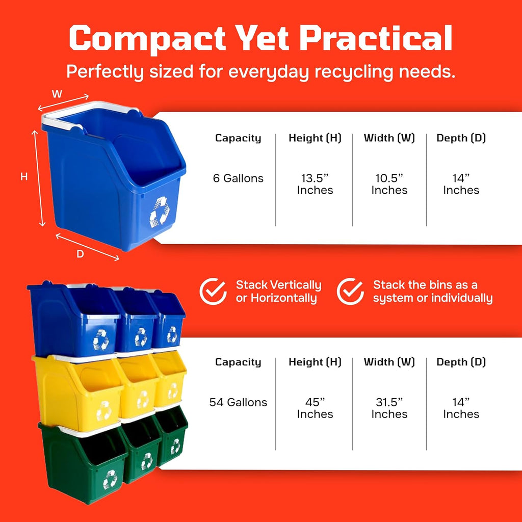 Multi Bin Recycling System with Nine Stackable 6 Gallon Recycle Bins to Build Your Recycling Center for Offices, Kitchen, Garages, Businesses - (9 Pack, Blue/Grey/Green)