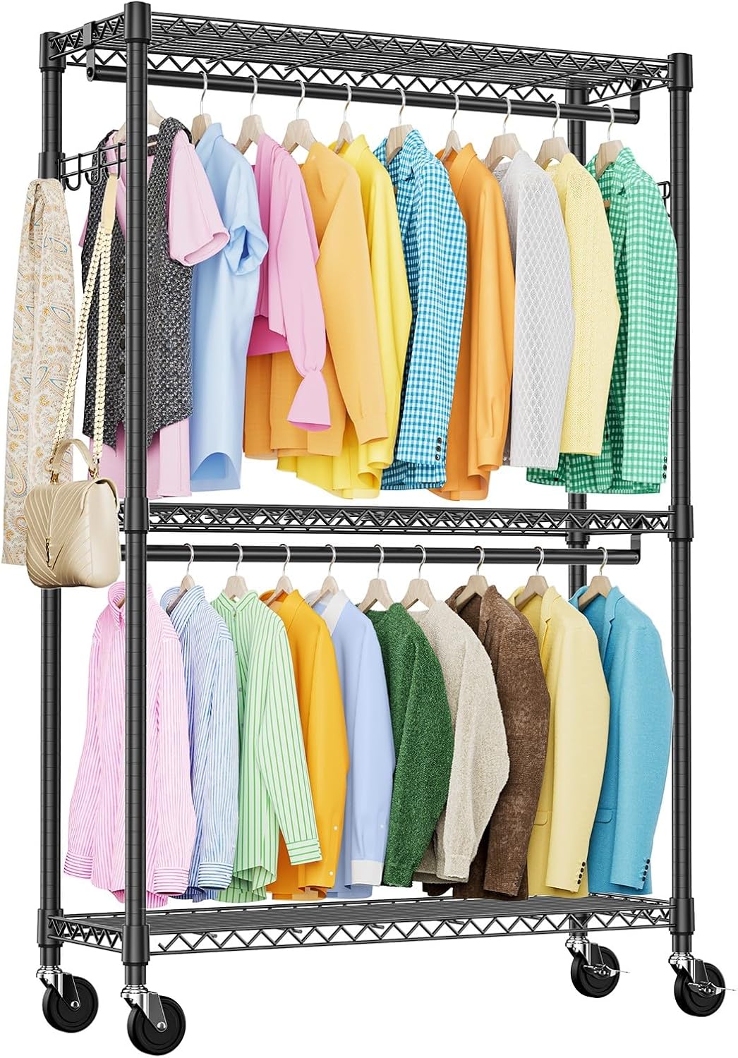 IZEUK 3 Tier Heavy Duty Rolling Garment Rack Wire Clothes Rack for Hanging Clothes, Metal Freestanding Closet Wardrobe Rack with Double Rods and Side Hooks Black 15.7" D x 45.3" W x 79.6" H