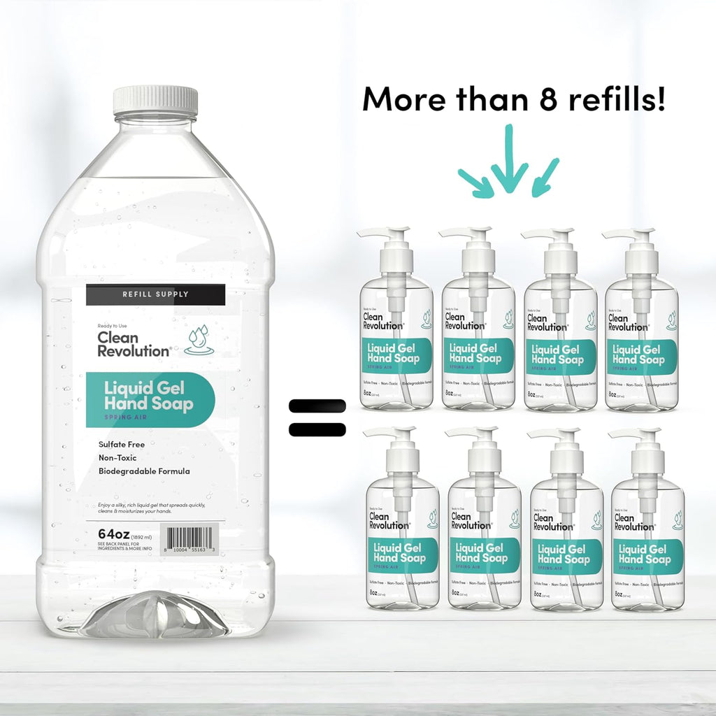 Clean Revolution Liquid Gel Hand Soap, Silky Rich Liquid, Quick Lather, Fast Rinsing, Contains Real Essential Oils (Spring Air) 64 Fl Oz