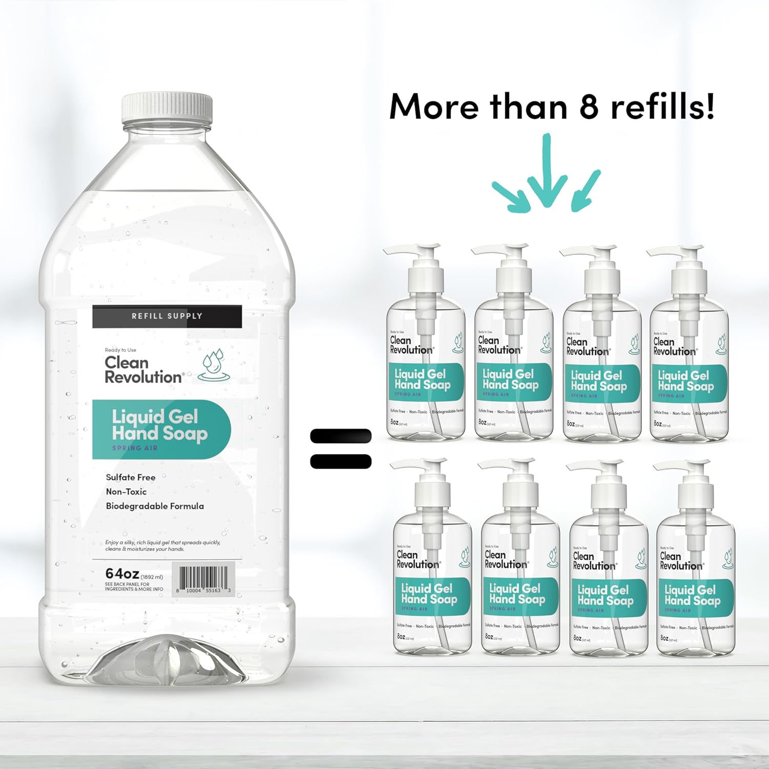 Clean Revolution Liquid Gel Hand Soap, Silky Rich Liquid, Quick Lather, Fast Rinsing, Contains Real Essential Oils (Spring Air) 64 Fl Oz