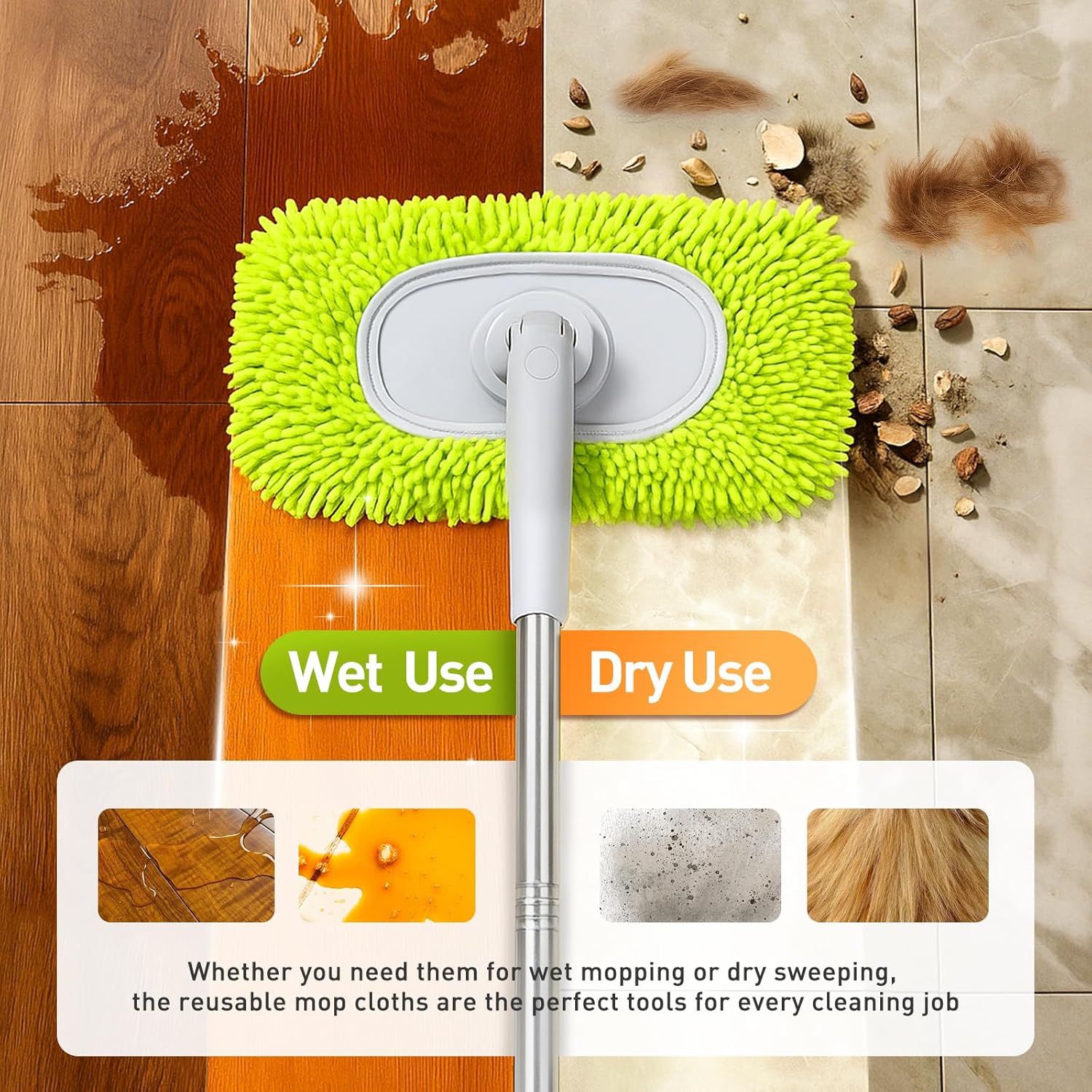 6PCS Reusable Mop Pads Fit for Flat Mops, Chenille Mop Refill Pads Washable Mop Covers, Household Replacement Mop Pads Wet & Dry Sweeping Cloths Mopping Pad Refills for Hardwood Floor Cleaning (Green)