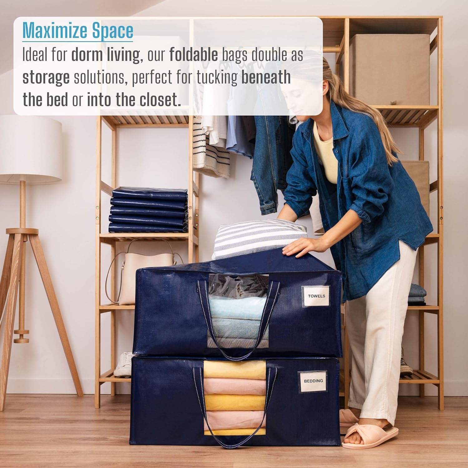VENO 10 Pack Moving Bags Extra Large Storage Bags for College Move-In, Heavy-Duty Storage Totes, Packing Boxes, and Wardrobe Moving Supplies - Durable Laundry Bags for Clothes (Blue w/Window, 10 Pack)