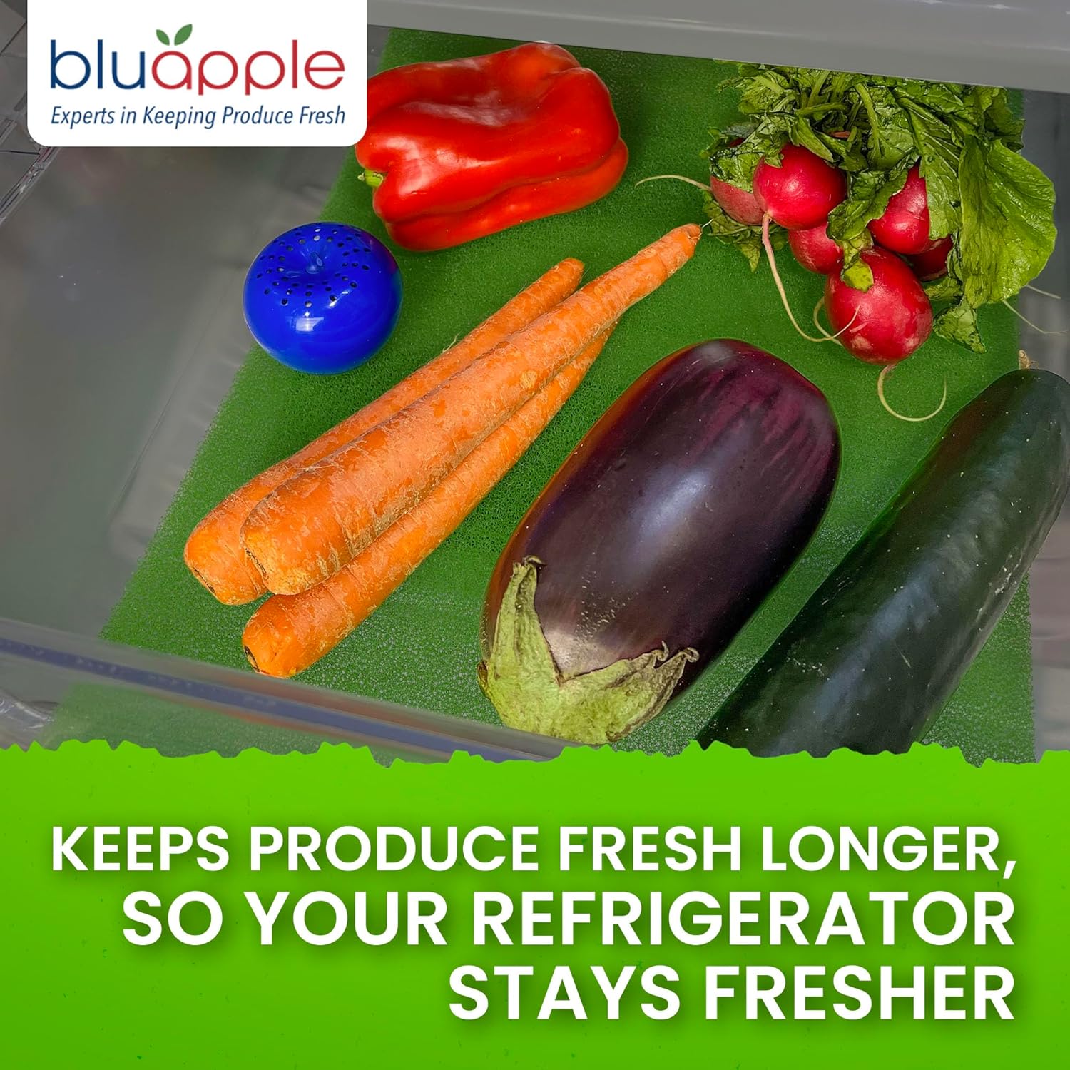 Bluapple FreshMats - Refrigerator Bin Liners, Fridge Drawer Mats - Keeps Produce Fresh Longer, Prevents Bruising, Promotes Air Circulation - BPA-Free Polyurethane Foam - (4-Piece Set, 12"x15", Green)
