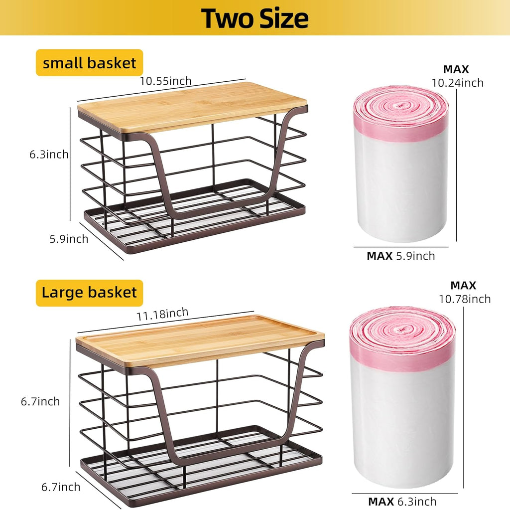 ALOCEO 2 Pack Large Pantry Baskets with Bamboo Lip, Stainless Steel Garbage Bag Holder Dispenser Countertop Storage, Stackable Kitchen Storage Bins for Fruit Onion Potato Vegetable, Brown