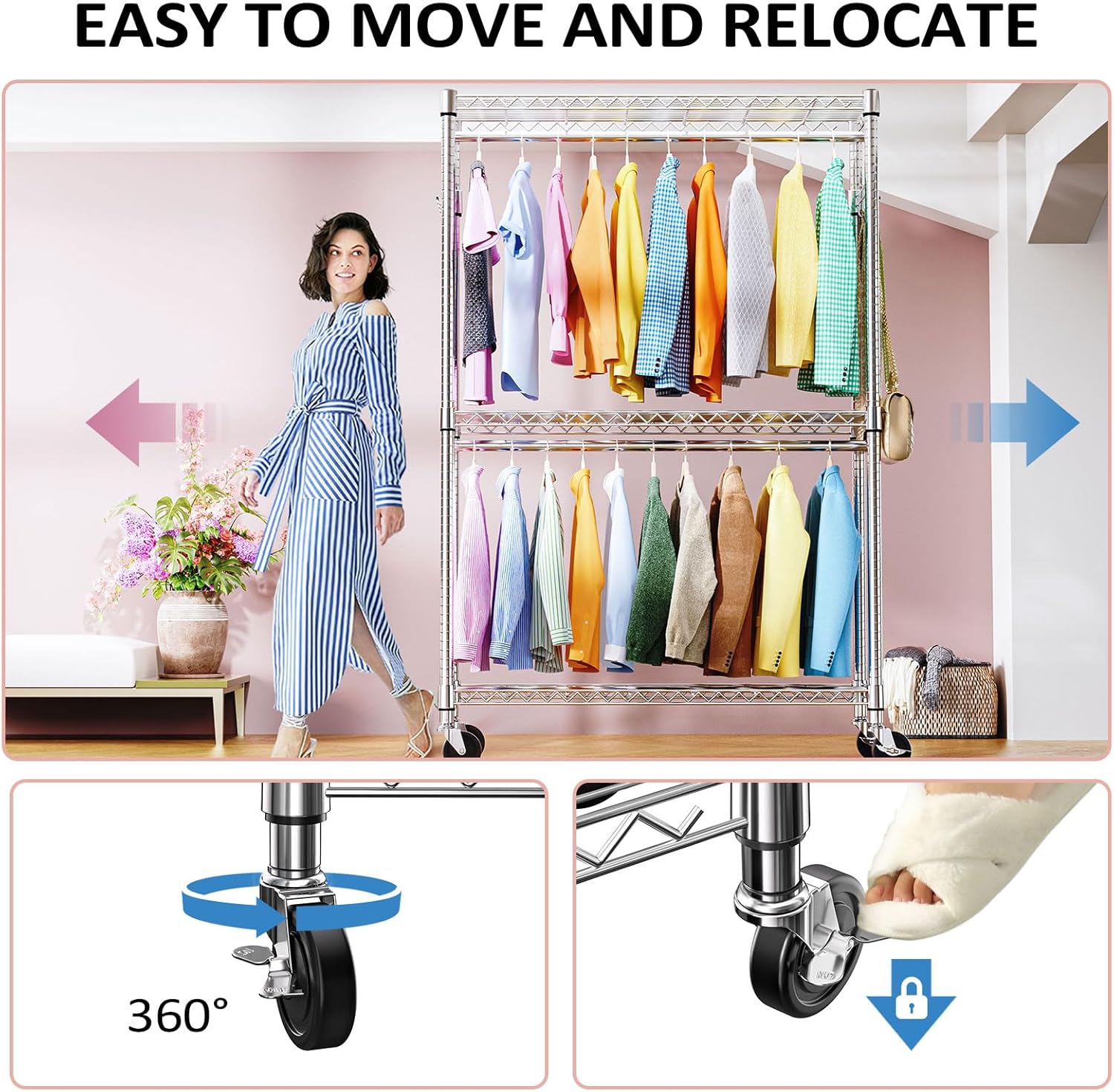 IZEUK 3-Tier Heavy Duty Rolling Garment Rack, Chrome Metal Freestanding Closet Wardrobe Rack with Double Rods and Side Hooks, 15.7" D x 45.3" W x 79.6" H