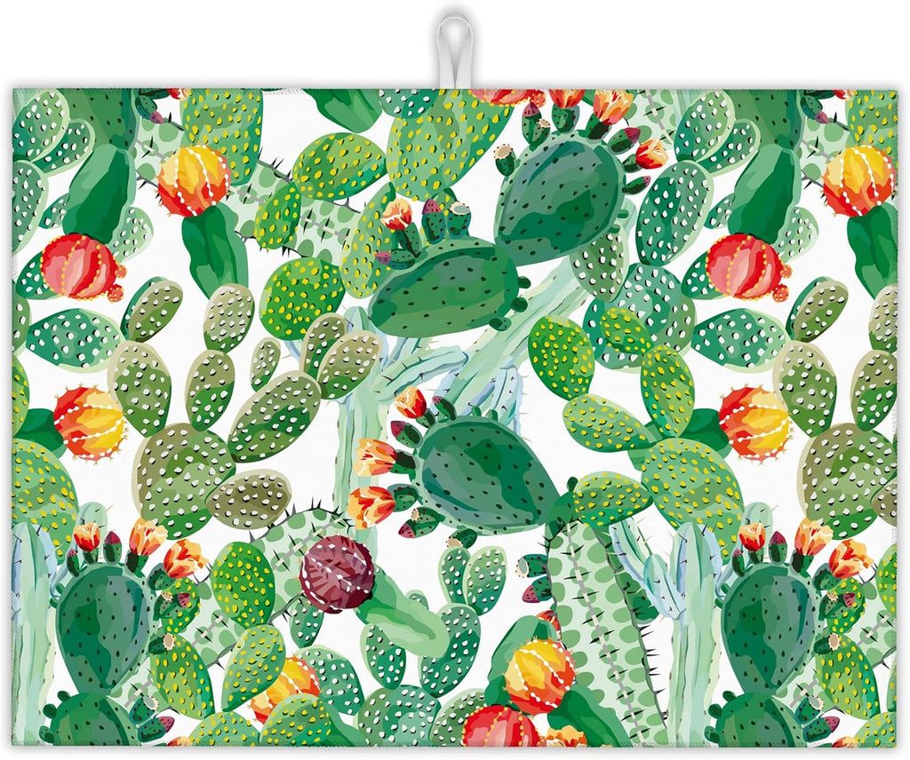 Green Cactus Dish Drying Mat, Tropical Plant Drying Rack Pad Countertop Dishes Ultra Absorbent Microfiber Kitchen Counter Mat for Coffee Countertop Decor 18x24 Inch