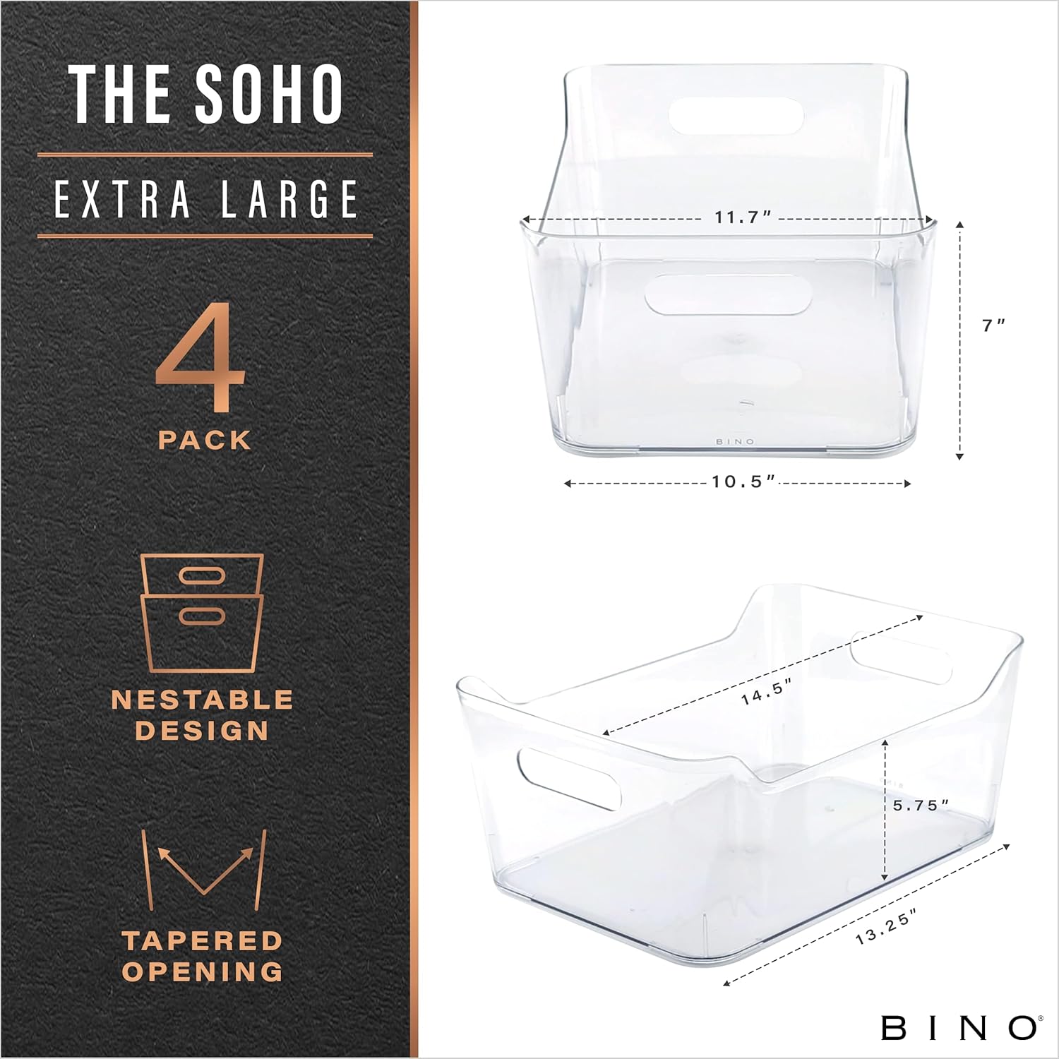 BINO | Plastic Organizer Bins, X-Large - 4 Pack | The SOHO Collection | Multi-Use Organizer Bins | Pantry & Freezer Bin | Plastic Storage Containers | Bin for Home & Kitchen Org