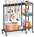 Broom Holder with Cleaning Supplies Organizer, Broom Closet Storage Cabinet with Cleaning Caddy, Cleaning Cart with Mop Hanger Gripper Rack Hooks,Janitorial Housekeeping cart,Laundry Room Organization