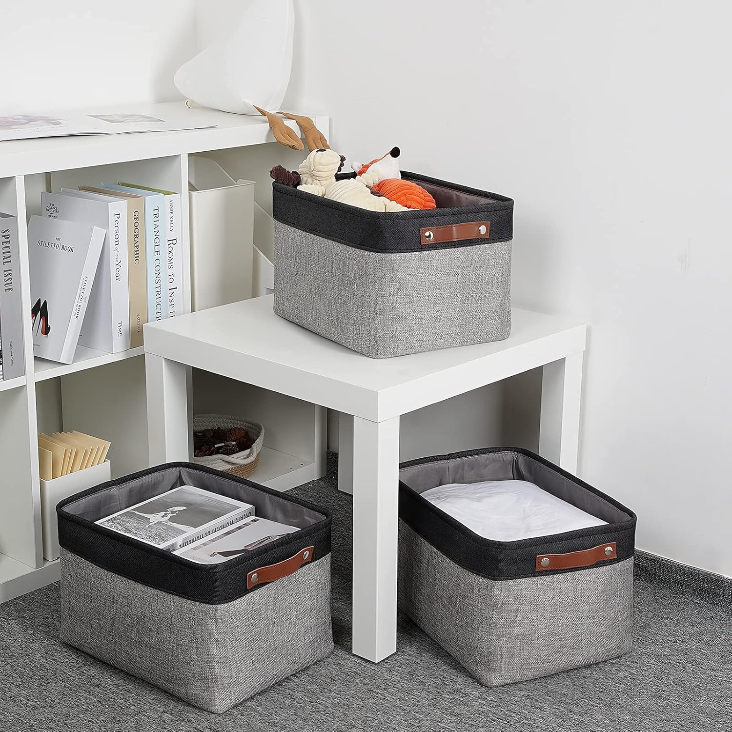 DULLEMELO Fabric Baskets for Storage, Rectangular Fabric Storage Bins Collapsible, Perfect for Shelves, Closets, Nursery, Empty Gift Baskets (3-Pack Medium-15 inch X 11 inch X 9.5 inch , Black&Grey)