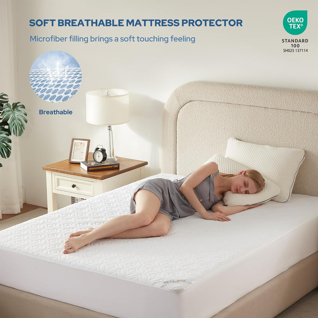 BEDLORE Waterproof Mattress Protector, Queen Size Noiseless Mattress Pad with Deep Pocket 6"-18" Depth, Soft Breathable Bed Mattress Cover Washable for Home, Bedroom, Hotel (White)