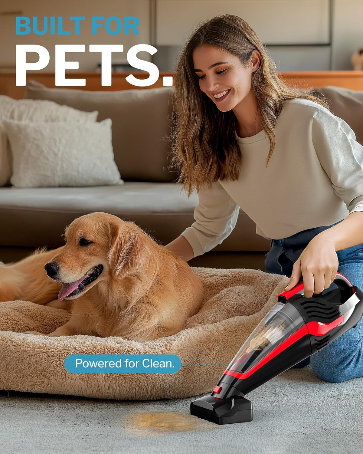 Pet Hair Handheld Vacuum Cordless, Car Vacuum Rechargeable with Reusable Filters, Motorized Brush and Multi-Accessories for Carpet, Couch & Stairs, Red, 17.0"X 4.6"X 6.6"