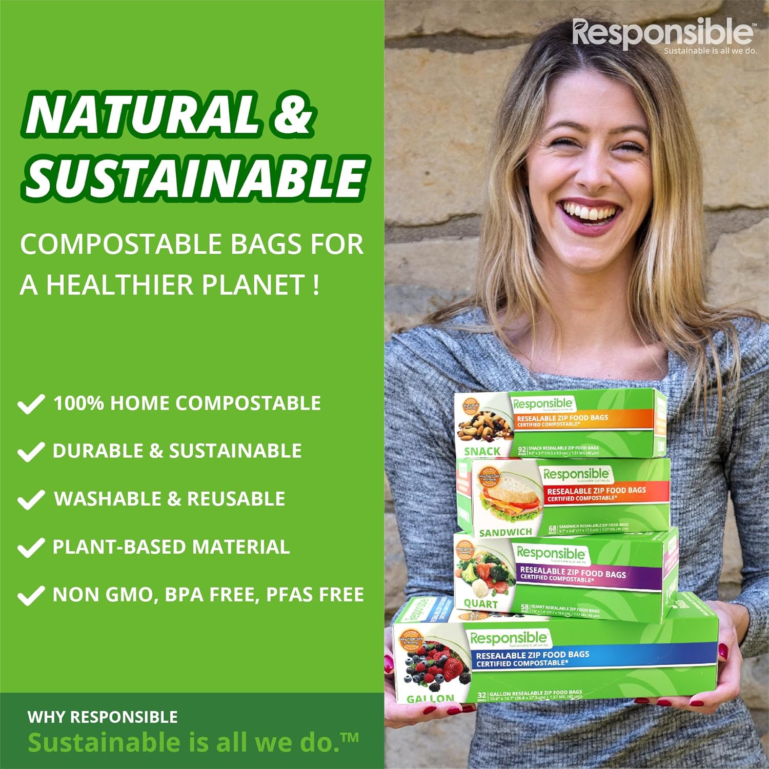 Responsible Products Certified Compostable SANDWICH Resealable Zip Bag, Extra Strength Food Bags, Plant-Based Freezer-Safe (30 Pack)