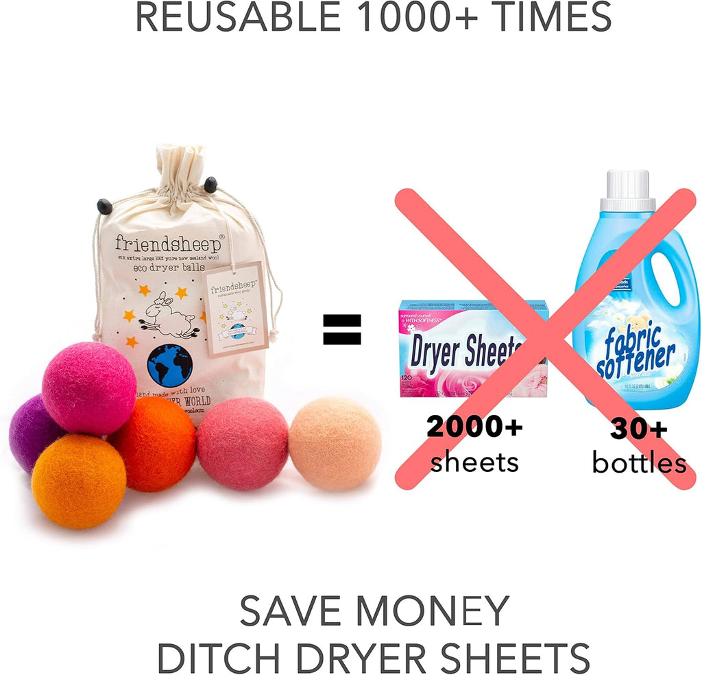 Friendsheep Wool Dryer Balls 6 Pack XL Organic Premium Reusable Cruelty Free Handmade Fair Trade No Lint Fabric Softener Color - Tropical Sunset