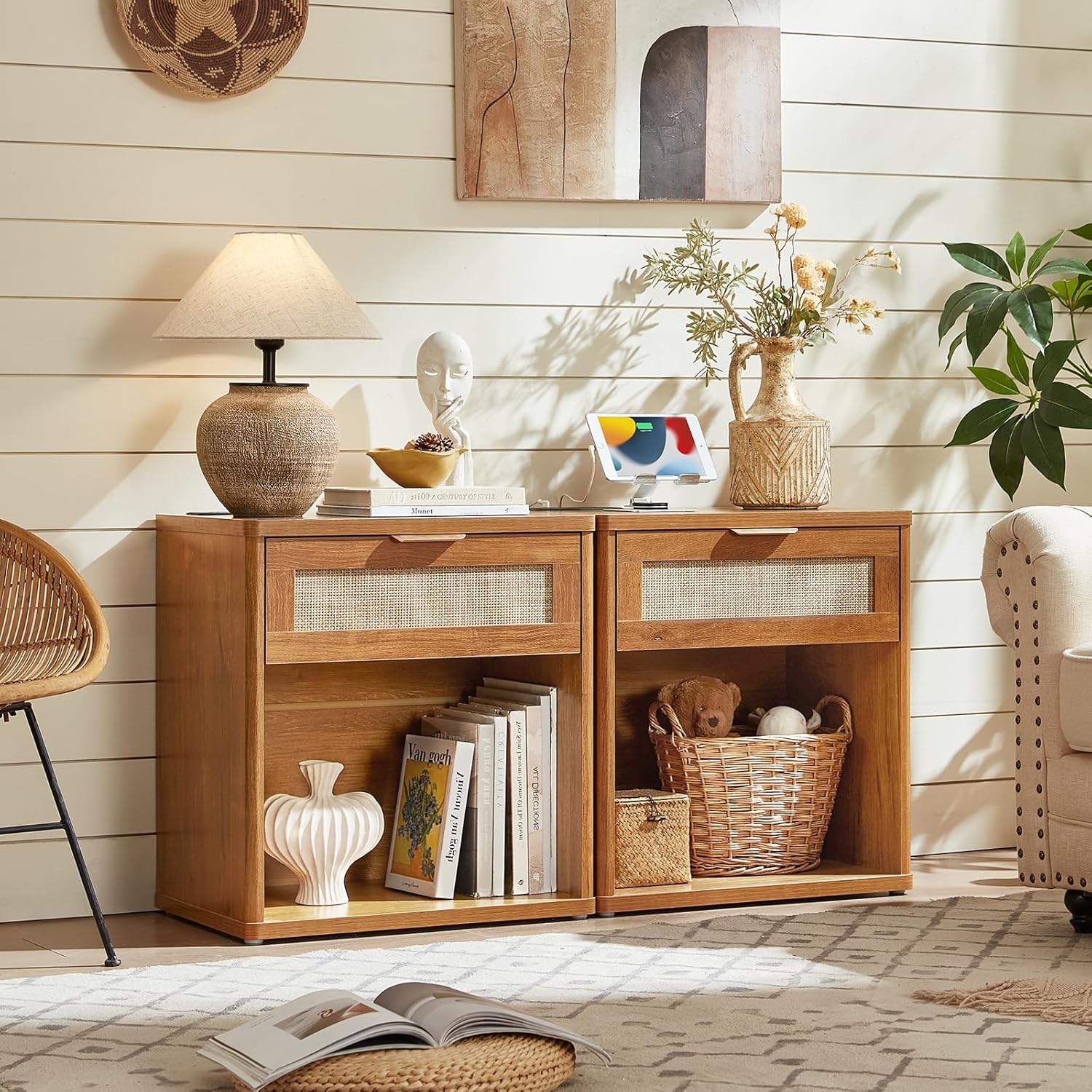 LEYAOYAO Rattan Nightstands Set of 2 with Charging Station, Natural Wood Night Stand with Drawer, 23" Wide Boho Bedside Table Open Cabinet, Bed Side Table Dresser for Bedroom, Living Room, Entrance