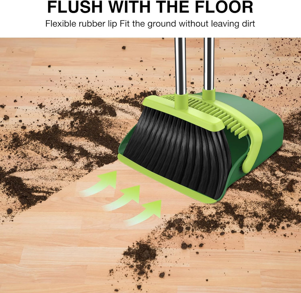 Broom and Dustpan Set, 52-in Long Adjustable Handle Broom Dustpan Combo with Dust pan Teeth to Automatically Clean Hair Suitable for Home Kitchen Office Hall Floor (Green), 2 Pack