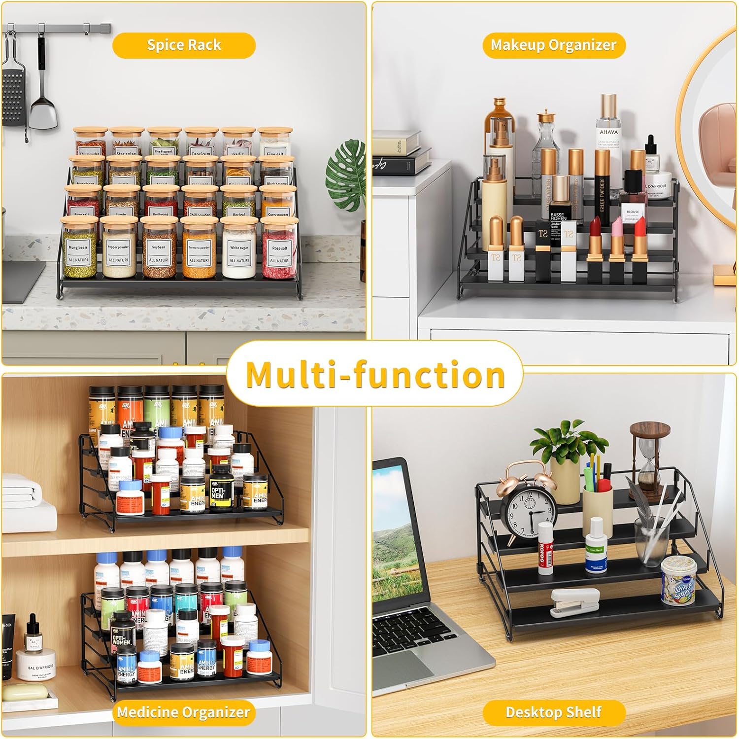 RCHYFEED Spice Rack Organizer for Cabinet Pantry,4 Tier Spice Rack Countertop,Tierd Spice Organization Easy Visibility, Depth Adjustable Seasoning Organizer for Cabinet (Black, 2Pack)