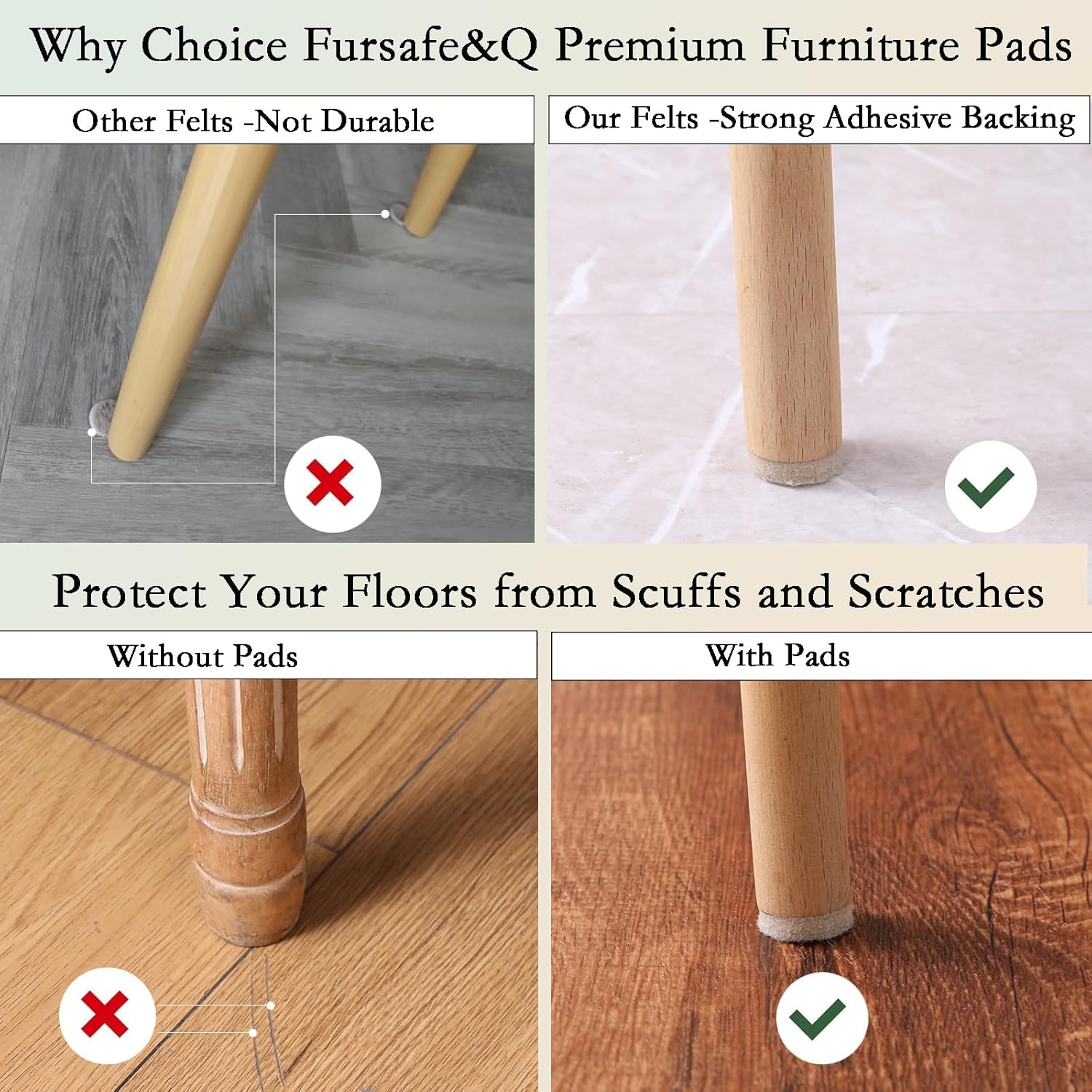 Fursafe&Q Felt Furniture Pads, Furniture Felt Pads for Hardwood Floors -Self Adhesive Chair Leg Floor Protectors, Protect Your Floors from Nicks, Bumps and Scratch, 215 Pcs Brown Beige Chair Feet