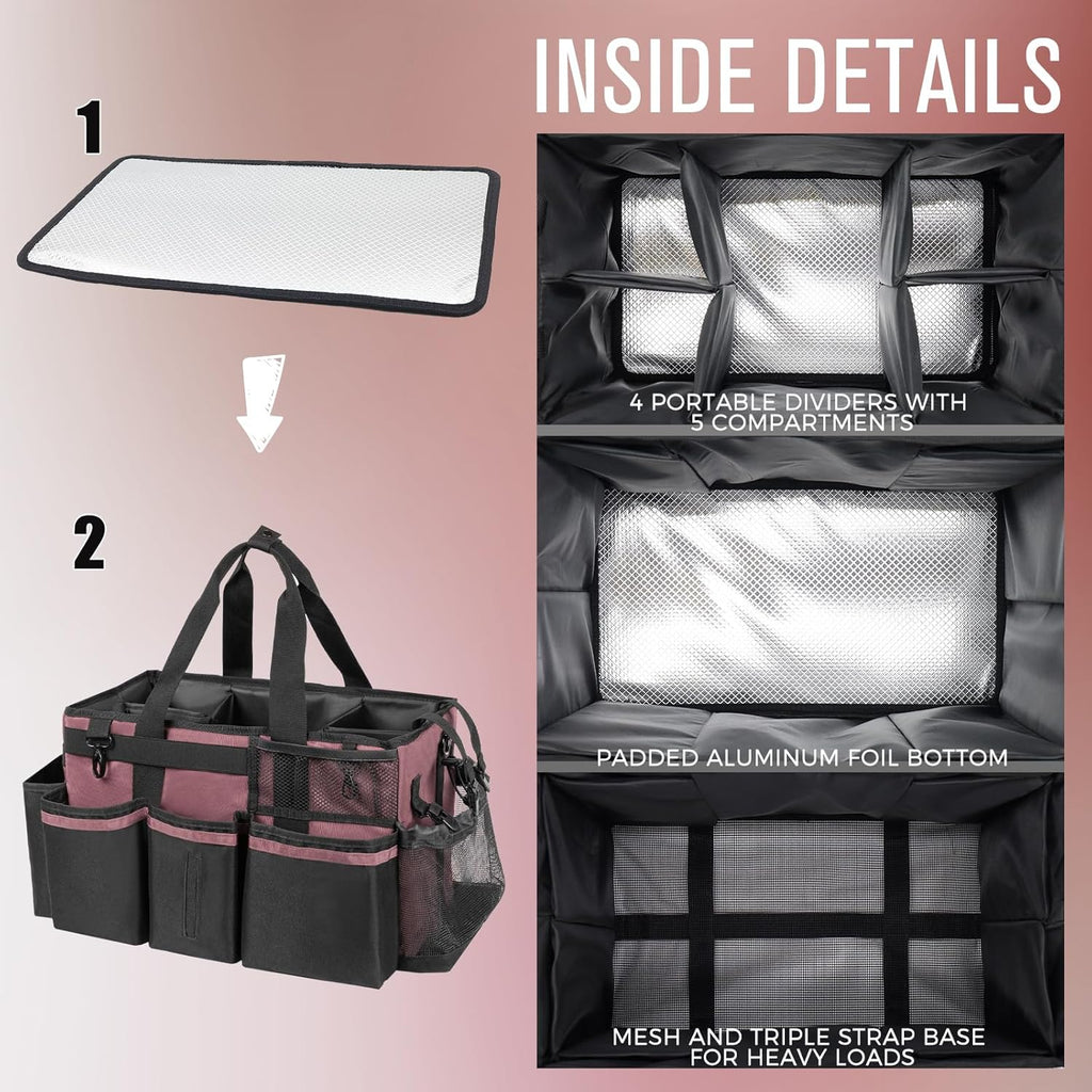 Wearable Cleaning Caddy, Cleaning Caddy Supplies Organizer with Handle & Shoulder Straps for Housekeepers, Under Sink & Car Cleaning Tool Organizers Bag with 4 Foldable Divider (LotusPink)