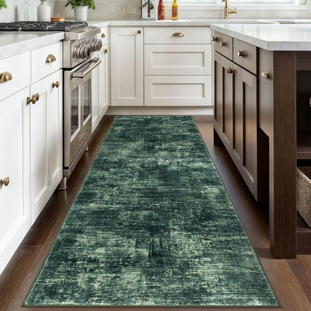 IOHOUZE Abstract Runner Rug 3x8 Ft Washable Runners for Hallways, Non Slip Kitchen Runner Printed Faux Wool Entryway Runner Indoor, Modern Abstract Floor Carpet for Hall Bedroom, Dark Green
